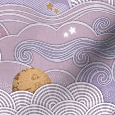 Cozy Night Sky Violet- Medium- Full Moon and Stars Over the Clouds- Purple- Lilac- Lavender Fabric- Relaxing Home Decor- Nursery Wallpaper- Large Scale- Baby Girl