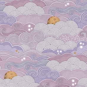 Cozy Night Sky Violet- Medium- Full Moon and Stars Over the Clouds- Purple- Lilac- Lavender Fabric- Relaxing Home Decor- Nursery Wallpaper- Large Scale- Baby Girl