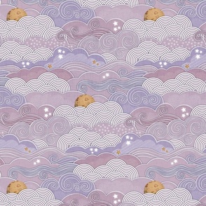 Cozy Night Sky Violet- Small- Full Moon and Stars Over the Clouds- Purple- Lilac- Lavender Fabric- Relaxing Home Decor- Nursery Wallpaper- Small Scale- Baby Girl