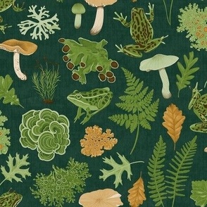 Frogs Ferns and Lichens - on Dark Green - Small Size