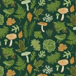 Frogs Ferns and Lichens - on Dark Green - Tiny Size
