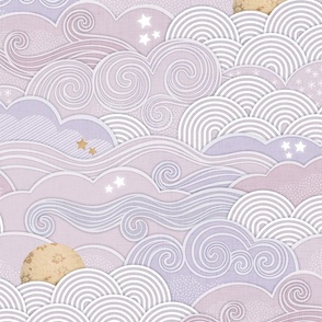 Cozy Night Sky Lilac- Full Moon and Stars Over the Clouds- Purple- Lavender- Pink Relaxing Home Decor- Nursery Wallpaper- Large Scale