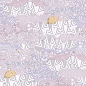 Cozy Night Sky Lilac- Medium- Full Moon and Stars Over the Clouds- Purple- Lavender- Pink Relaxing Home Decor- Nursery Wallpaper- Baby Girl- Large Scale