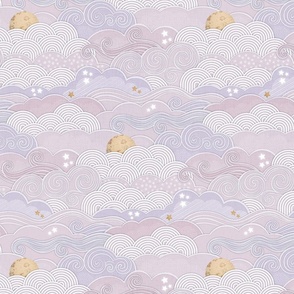 Cozy Night Sky Lilac- Small- Full Moon and Stars Over the Clouds- Purple- Lavender- Pink Relaxing Home Decor- Nursery Wallpaper- Baby Girl- Small Scale