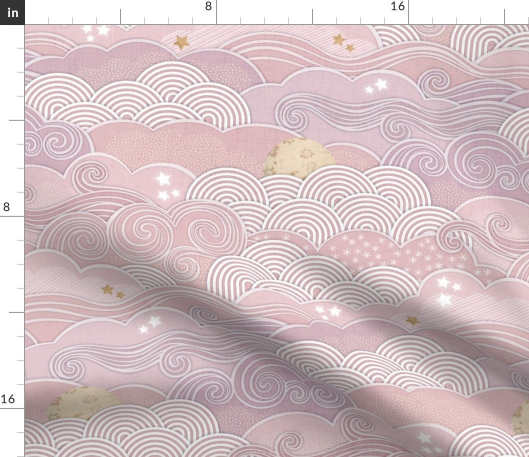 Cozy Night Sky Mauve- Medium- Full Moon and Stars Over the Clouds- Rose- Pink- Relaxing Home Decor- Nursery Wallpaper- Baby Girl Room Decor- Large Scale