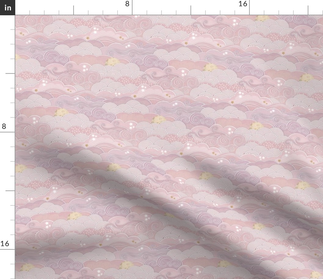Cozy Night Sky Mauve- Mini- Full Moon and Stars Over the Clouds- Rose- Pink- Relaxing Home Decor- Nursery Wallpaper- Baby Girl Room Decor- Large Scale