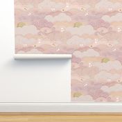 Cozy Night Sky Coral- Large- Full Moon and Stars Over the Clouds- Rose- Pink- Flamingo- Relaxing Home Decor- Nursery Wallpaper- Baby Girl Room Decor- Large Scale