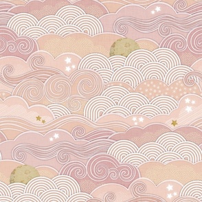 Cozy Night Sky Coral- Medium- Full Moon and Stars Over the Clouds- Rose- Pink- Flamingo- Relaxing Home Decor- Nursery Wallpaper- Baby Girl Room Decor- Large Scale