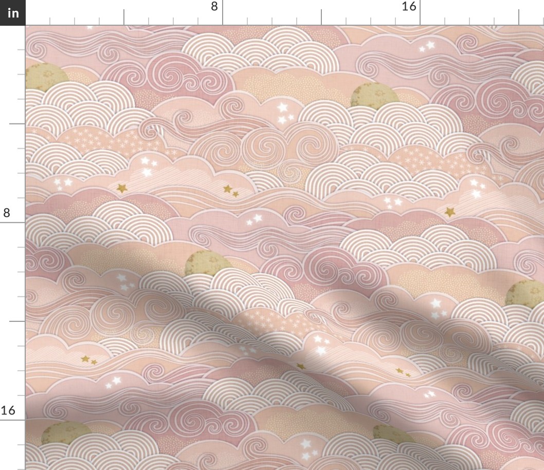 Cozy Night Sky Coral- Small- Full Moon and Stars Over the Clouds- Rose- Pink- Flamingo- Relaxing Home Decor- Nursery Wallpaper- Baby Girl Room Decor- Small Scale- Quilt Blender