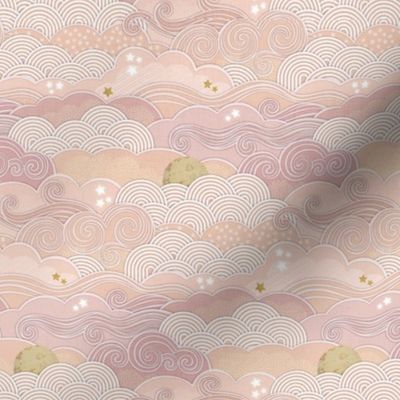 Cozy Night Sky Coral- Mini- Full Moon and Stars Over the Clouds- Rose- Pink- Flamingo- Relaxing Home Decor- Nursery Wallpaper- Baby Girl Room Decor- Small Scale- Quilt Blender