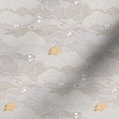 Cozy Night Sky Taupe Mini- Full Moon and Stars Over the Clouds- Beige- Neutral- Relaxing Home Decor- Gender Neutral Nursery Wallpaper- Small Scale- Baby- Quilt Blender