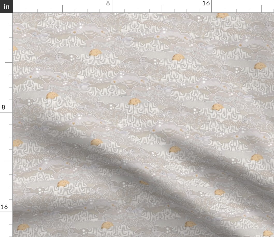 Cozy Night Sky Taupe Mini- Full Moon and Stars Over the Clouds- Beige- Neutral- Relaxing Home Decor- Gender Neutral Nursery Wallpaper- Small Scale- Baby- Quilt Blender