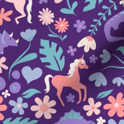 Dinosaurs + Unicorns on Purple