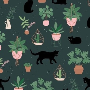 Black cats and home garden plants in pots scandinavian hygge theme cozy interior design green mint lilac on pine green 