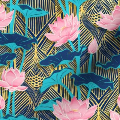 Art Deco Lotus Flowers in Pink & Navy - small