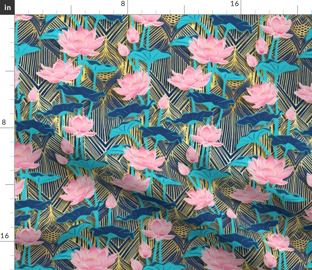 Art Deco Lotus Flowers in Pink & Navy - small