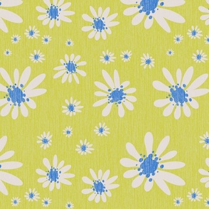 Blue Denim and Daisy Flowers with Grasscloth Texture Subtle Abstract Modern Sapphire Blue 527ACC Turmeric Yellow CCCC52 and Subtle Ivory E3DDD8