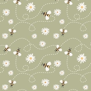 (S Scale) Bees and Daisies on Muted Green