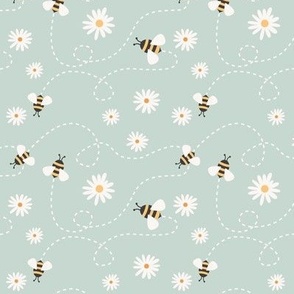 (S Scale) Bees and Daisies on Muted Mint