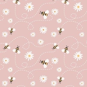 (S Scale) Bees and Daisies on Muted Pink