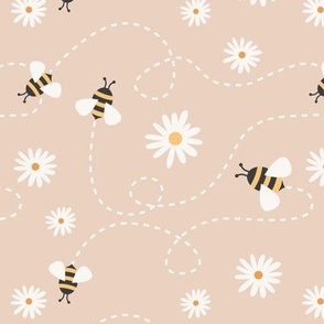 (M Scale) Bees and Daisies on Light Tan