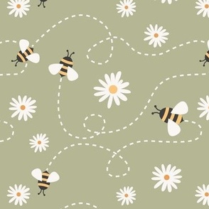 (M Scale) Bees and Daisies on Muted Green
