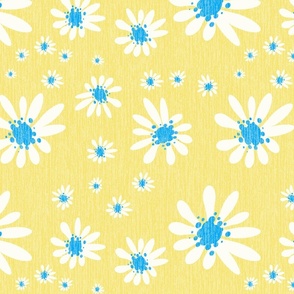 Blue Denim and White Daisy Flowers with Grasscloth Texture Fresh Abstract Modern Cornflower Blue 4CA6FF Buttercup Yellow F1E377 and Natural White FEFDF4 reverse