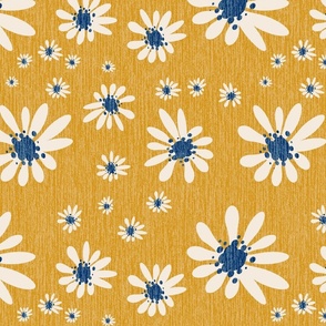 Blue Denim and White Daisy Flowers with Grasscloth Texture Dynamic Abstract Modern Dirty Navy Blue 003366 Mustard Yellow C3932B and Dynamic Ivory F0E9DD reverse