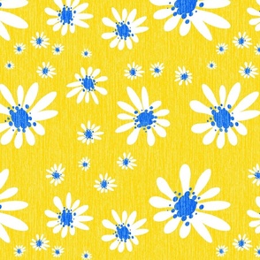 Blue Denim and White Daisy Flowers with Grasscloth Texture Bold Abstract Modern Cobalt Blue 005CFF Golden Yellow FFD500 and White FFFFFF reverse