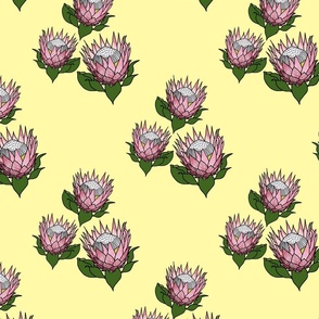 Pretty Pink Proteas motif (lattice) - black outlines, pastel yellow, medium 