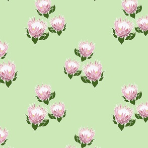 Pretty Pink Proteas motif (topsy turvy) - white outlines, pastel green, medium 