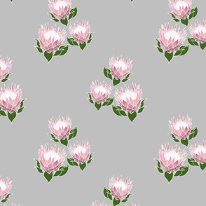 Pretty Pink Proteas motif (topsy turvy) - white outlines, silver grey, medium 