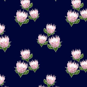 Pretty Pink Proteas motif (topsy turvy) - white outlines, midnight blue, medium 