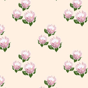 Pretty Pink Proteas motif (lattice) - white outlines, cream beige, medium 