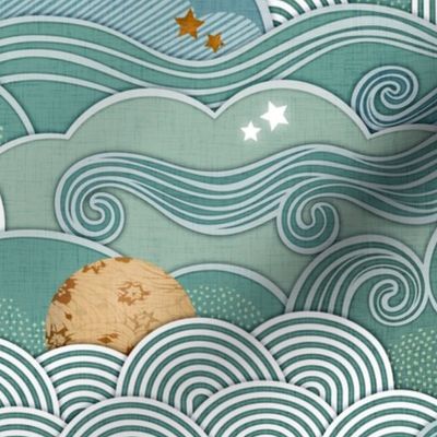 Cozy Night Sky DarkTeal Green Medium- Full Moon and Stars Over the Clouds- Mint- Blue Green- Turquoise- Neutral- Relaxing Home Decor- Nursery Wallpaper- Baby