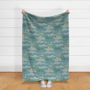 Cozy Night Sky DarkTeal Green Medium- Full Moon and Stars Over the Clouds- Mint- Blue Green- Turquoise- Neutral- Relaxing Home Decor- Nursery Wallpaper- Baby