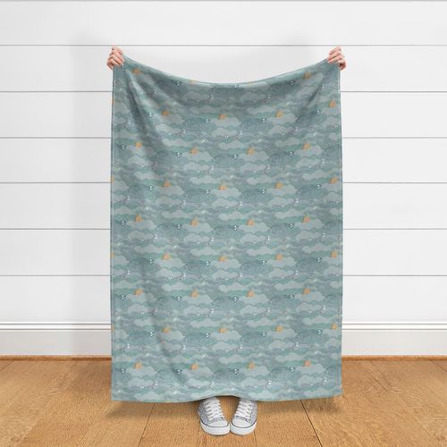 Cozy Night Sky Teal Small- Full Moon and Stars Over the Clouds-- Blue Green- Neutral- Relaxing Home Decor- Nursery Wallpaper- Small Scale- Baby