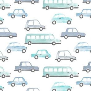 Vintage watercolor traffic series cars busses and cool kids highway streets pastel blue gray green 01