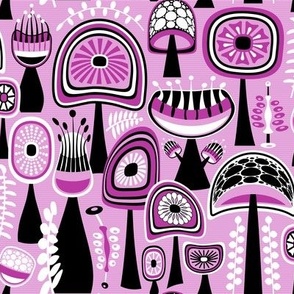 Retro Shrooms  // Midmod Mushrooms // Magenta, Pink, Black and White with Thin Horizontal Stripes // Medium Small Scale - 563 DPI