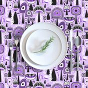 Retro Shrooms  // Midmod Mushrooms // Grape Purple, Black and White with Thin Horizontal Stripes // Medium Small Scale - 563 DPI