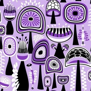 Retro Shrooms // Grape Purple, Black and White with Thin Horizontal Stripes