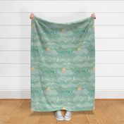 Cozy Night Sky Emerald Green Large- Full Moon and Stars Over the Clouds- Mint- Blue Green- Teal Neutral- Relaxing Home Decor- Nursery Wallpaper Large Scale