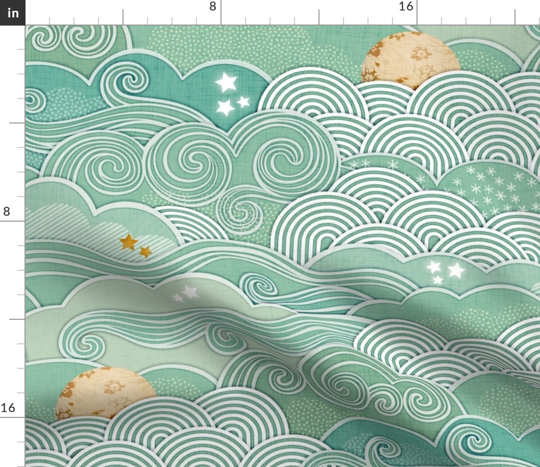 Cozy Night Sky Emerald Green Large- Full Moon and Stars Over the Clouds- Mint- Blue Green- Teal Neutral- Relaxing Home Decor- Nursery Wallpaper Large Scale