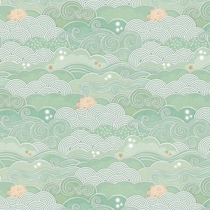 Cozy Night Sky Jade Green Small- Full Moon and Stars Over the Clouds- Mint- Pastel Green- Neutral- Relaxing Home Decor- Nursery Wallpaper- Baby