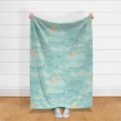Cozy Night Sky Mint Green Large- Full Moon and Stars Over the Clouds- Turquoise- Pastel Green- Relaxing Home Decor- Nursery Wallpaper