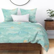 Cozy Night Sky Mint Green Large- Full Moon and Stars Over the Clouds- Turquoise- Pastel Green- Relaxing Home Decor- Nursery Wallpaper