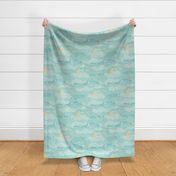 Cozy Night Sky Mint Green Medium- Full Moon and Stars Over the Clouds- Turquoise- Pastel Green- Relaxing Home Decor- Nursery Wallpaper- Baby