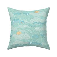 Cozy Night Sky Mint Green Small- Full Moon and Stars Over the Clouds- Turquoise- Pastel Green- Relaxing Home Decor- Nursery Wallpaper- Baby