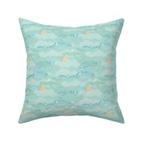 Cozy Night Sky Mint Green Mini- Full Moon and Stars Over the Clouds- Turquoise- Pastel Green- Relaxing Home Decor- Nursery Wallpaper- Small Scale- Quilt Blender- Baby