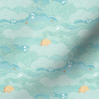 Cozy Night Sky Mint Green Mini- Full Moon and Stars Over the Clouds- Turquoise- Pastel Green- Relaxing Home Decor- Nursery Wallpaper- Small Scale- Quilt Blender- Baby